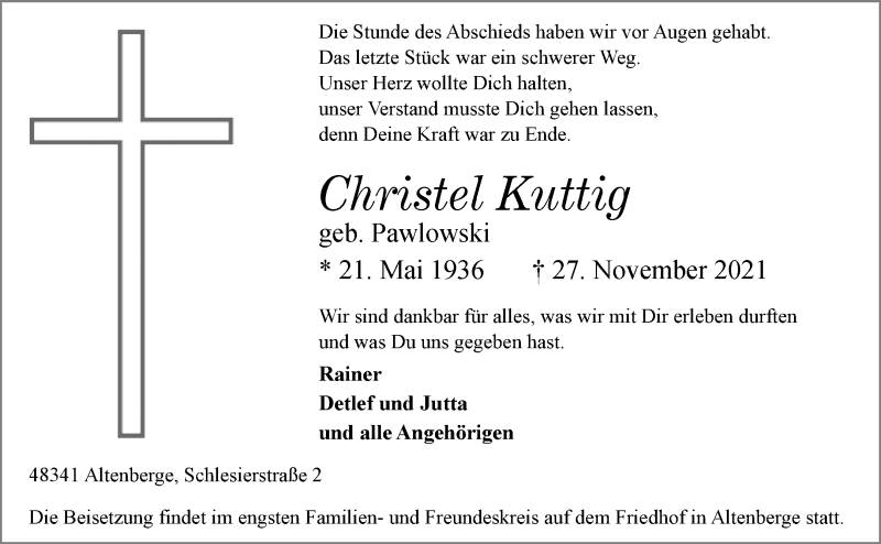  Traueranzeige für Christel Kuttig vom 01.12.2021 aus 