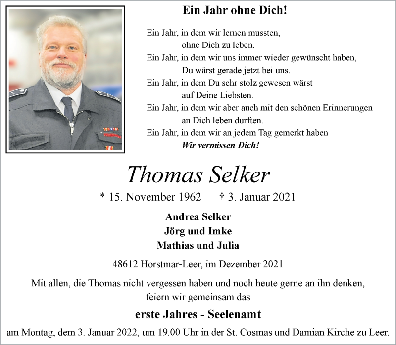  Traueranzeige für Thomas Selker vom 29.12.2021 aus 