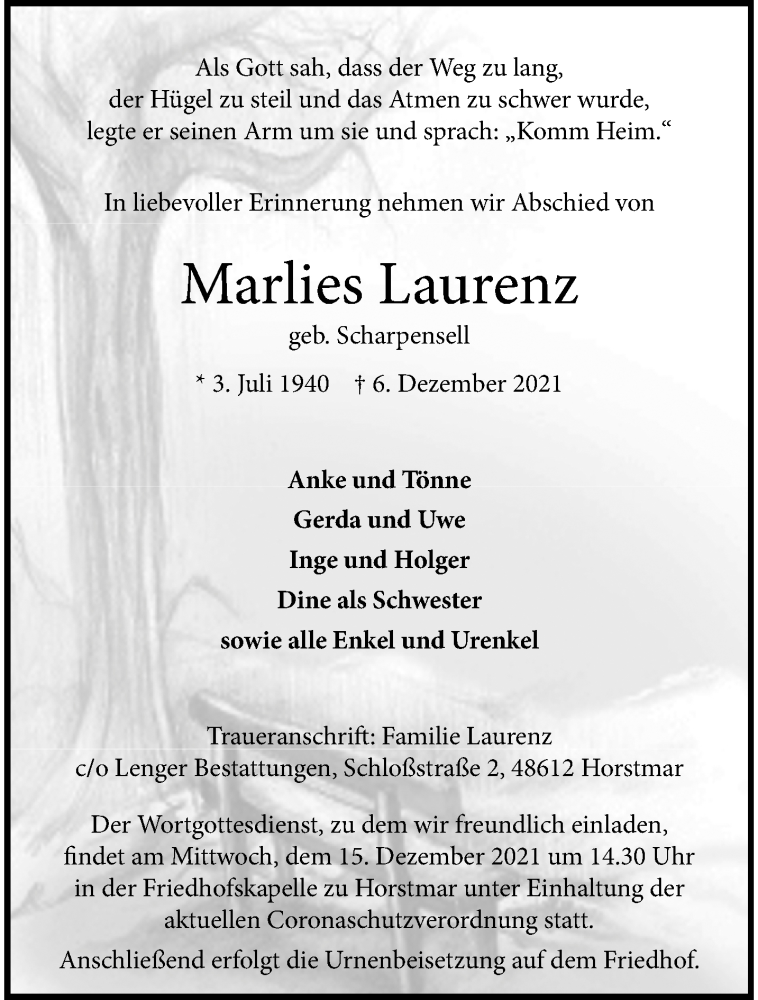  Traueranzeige für Marlies Laurenz vom 11.12.2021 aus 