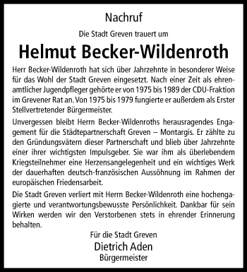 Anzeige von Helmut Becker-Wildenroth 
