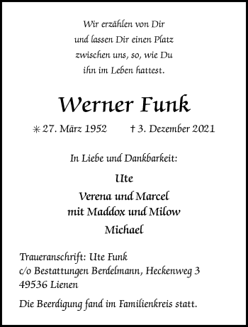 Anzeige von Werner Funk 