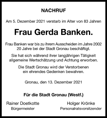 Anzeige von Gerda Banken 