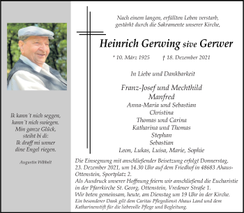 Anzeige von Heinrich Gerwing sive Gerwer 