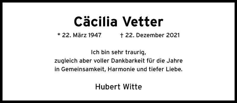  Traueranzeige für Cäcilia Vetter vom 30.12.2021 aus 