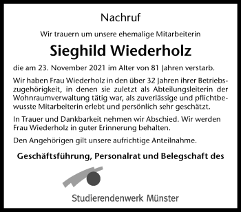 Anzeige von Sieghild Wiederholz 