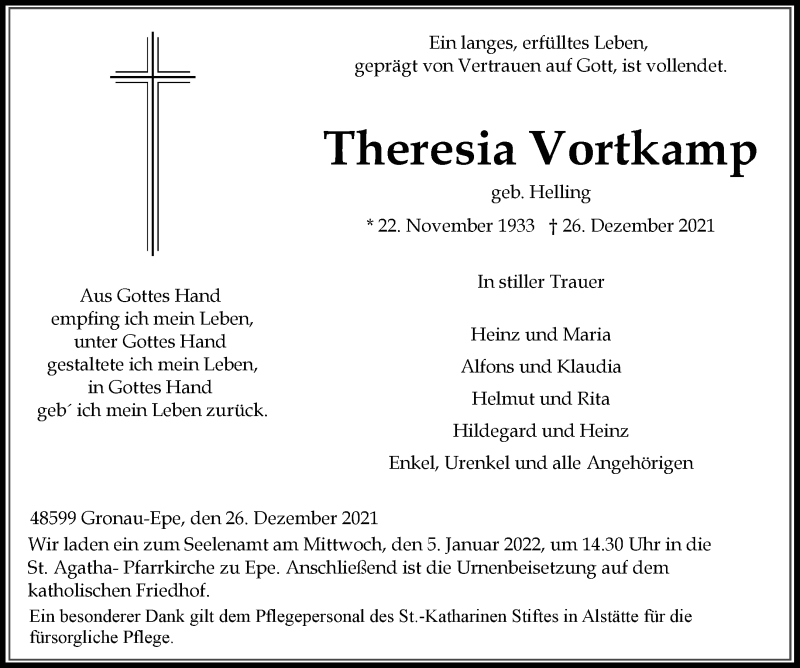  Traueranzeige für Theresia Vortkamp vom 29.12.2021 aus 