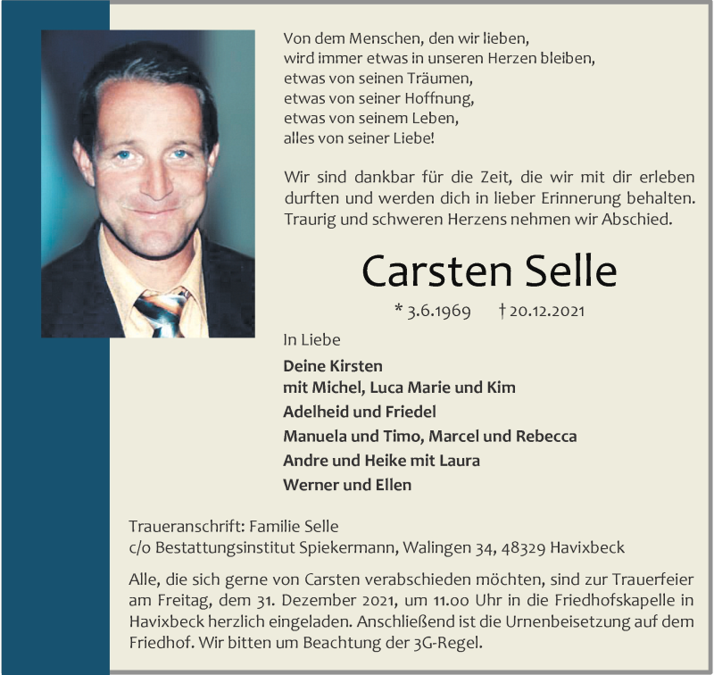  Traueranzeige für Carsten Selle vom 24.12.2021 aus 