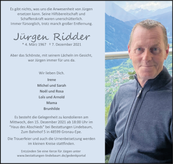 Anzeige von Jürgen Ridder 
