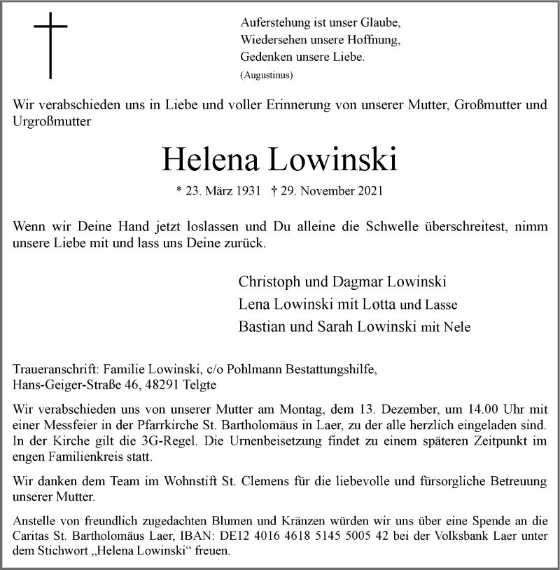  Traueranzeige für Helena Lowinski vom 04.12.2021 aus 