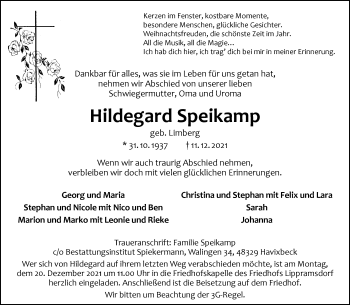 Anzeige von Hildegard Speikamp 