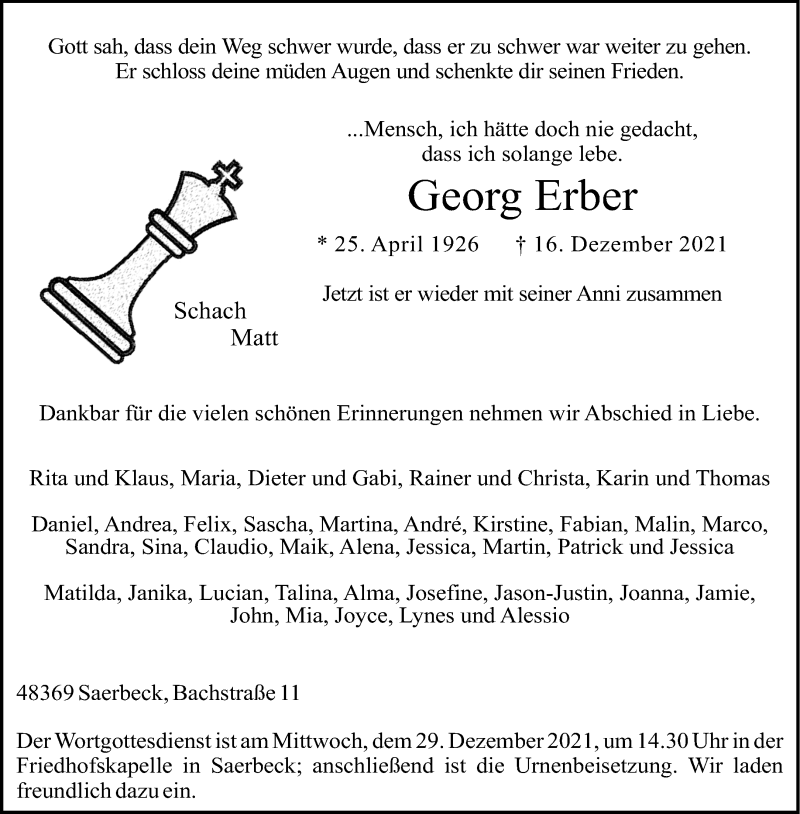  Traueranzeige für Georg Erber vom 23.12.2021 aus 