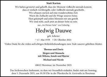 Anzeige von Hedwig Dauwe 