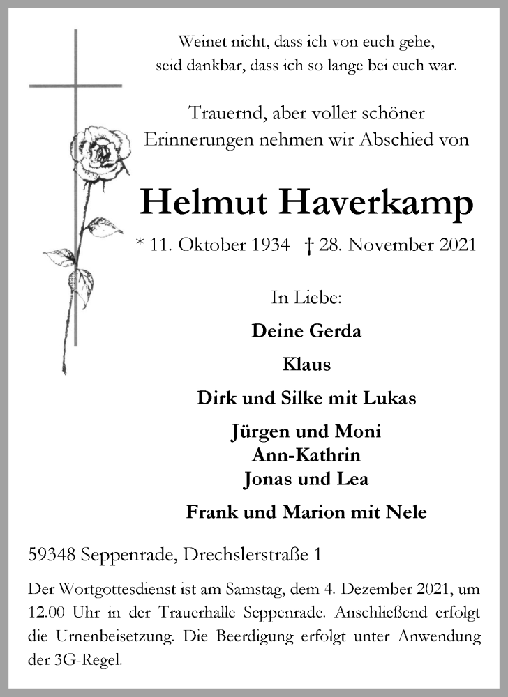  Traueranzeige für Helmut Haverkamp vom 01.12.2021 aus 