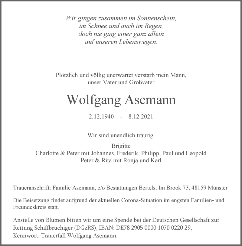  Traueranzeige für Wolfgang Asemann vom 18.12.2021 aus 