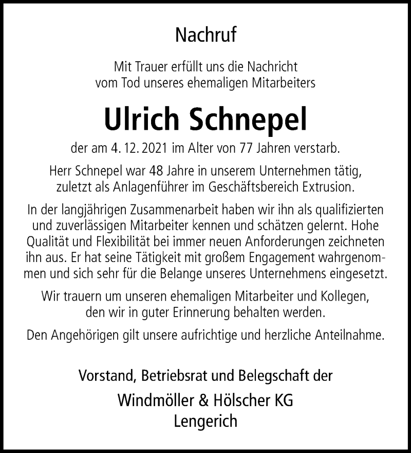  Traueranzeige für Ulrich Schnepel vom 20.12.2021 aus 