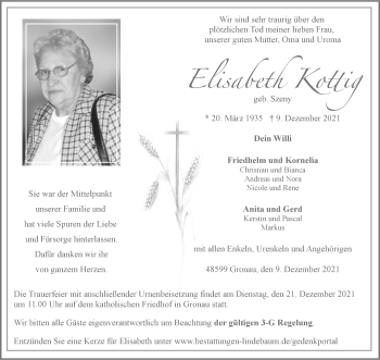Anzeige von Elisabeth Kottig 
