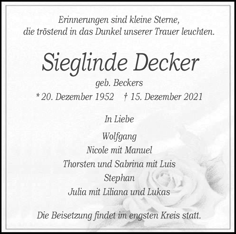  Traueranzeige für Sieglinde Decker vom 22.12.2021 aus 