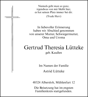 Anzeige von Gertrud Theresia Lütteke 