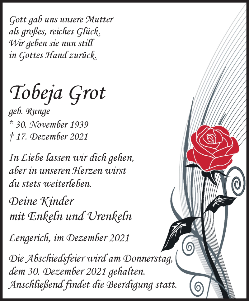  Traueranzeige für Tobeja Grot vom 29.12.2021 aus 