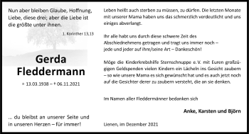 Anzeige von Gerda Fleddermann 