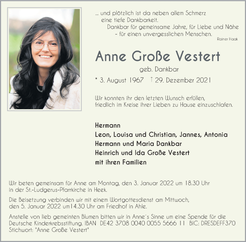  Traueranzeige für Anne Große Vestert vom 31.12.2021 aus 