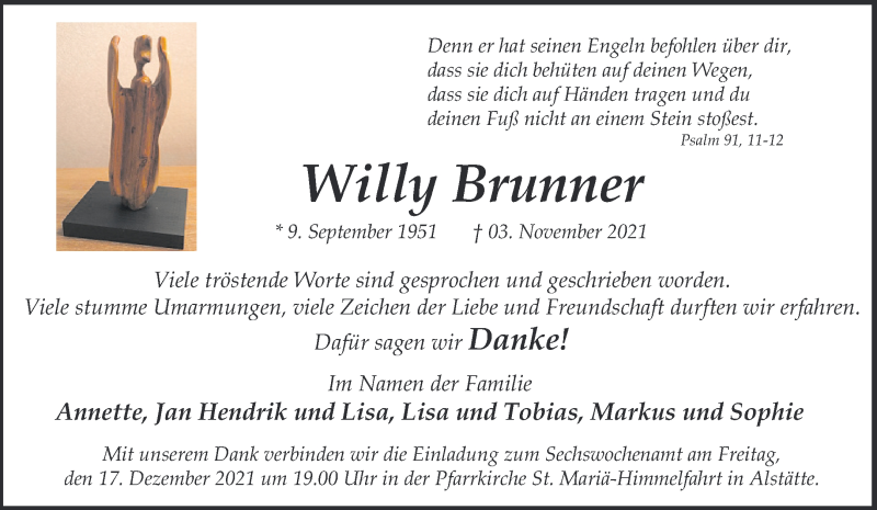  Traueranzeige für Willy Brunner vom 14.12.2021 aus 