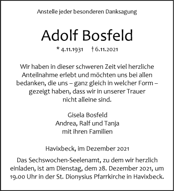 Anzeige von Adolf Bosfeld 