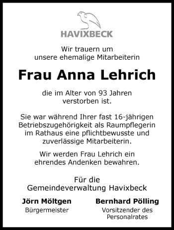 Anzeige von Anna Lehrich 