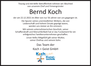 Anzeige von Bernd Koch 