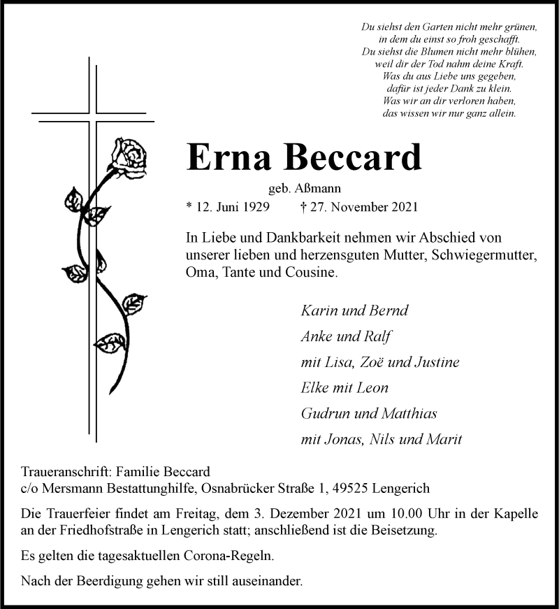  Traueranzeige für Erna Beccard vom 01.12.2021 aus 