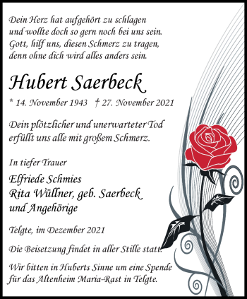 Anzeige von Hubert Saerbeck 