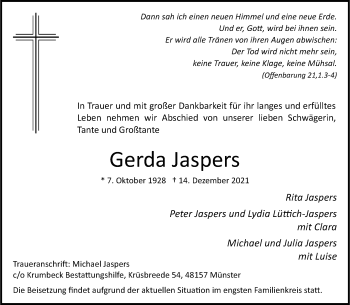 Anzeige von Gerda Jaspers 
