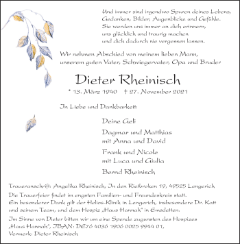 Anzeige von Dieter Rheinisch 