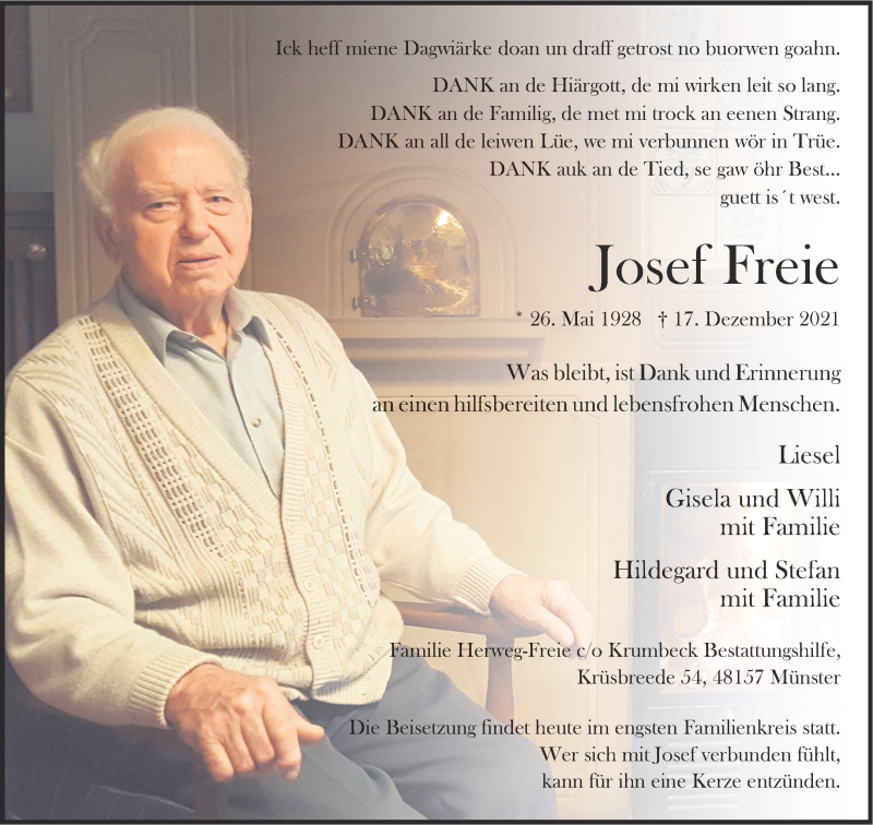  Traueranzeige für Josef Freie vom 22.12.2021 aus 