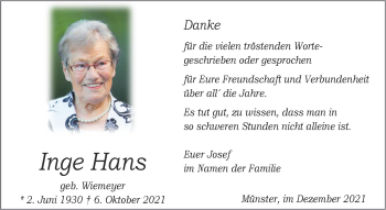 Anzeige von Inge Hans 
