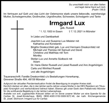 Anzeige von Irmgard Lux 