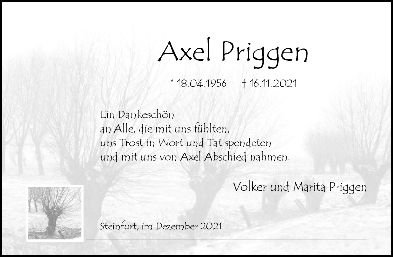  Traueranzeige für Axel Priggen vom 31.12.2021 aus 