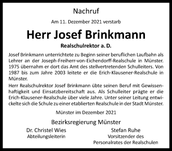 Anzeige von Josef Brinkmann 