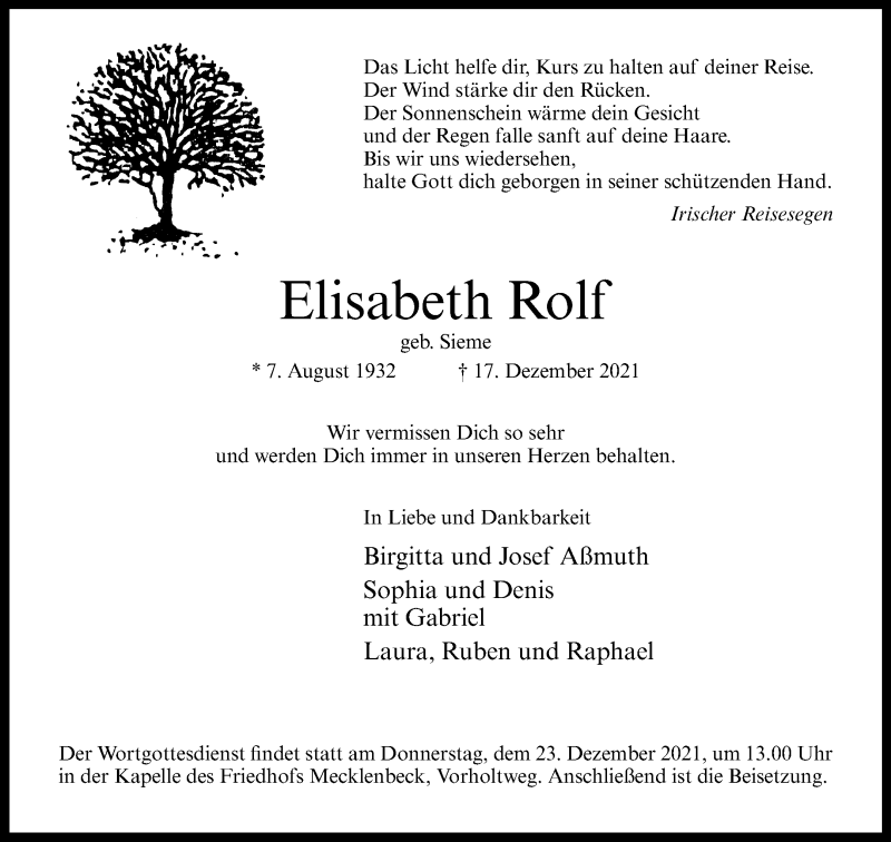  Traueranzeige für Elisabeth Rolf vom 22.12.2021 aus 