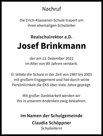 Anzeige von Josef Brinkmann 