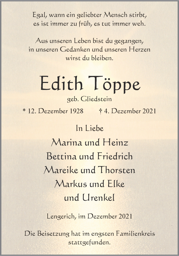  Traueranzeige für Edith Töppe vom 31.12.2021 aus 