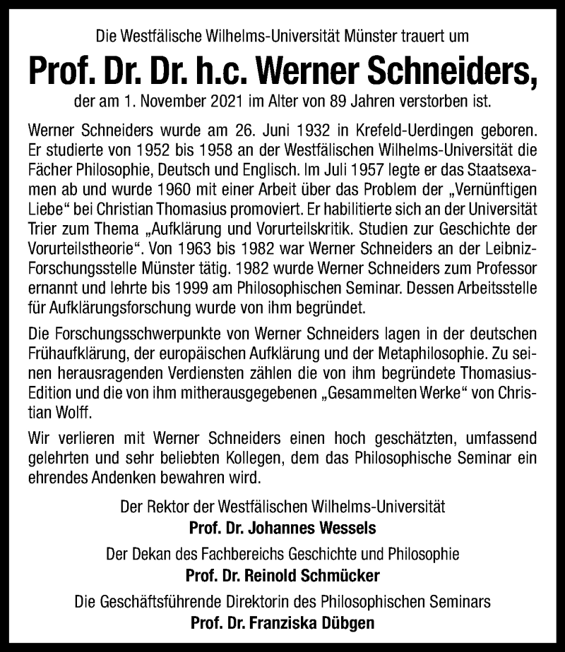  Traueranzeige für Werner Schneiders vom 31.12.2021 aus 