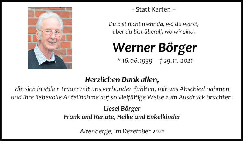  Traueranzeige für Werner Börger vom 31.12.2021 aus 