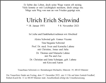 Anzeige von Ulrich Erich Schwind 