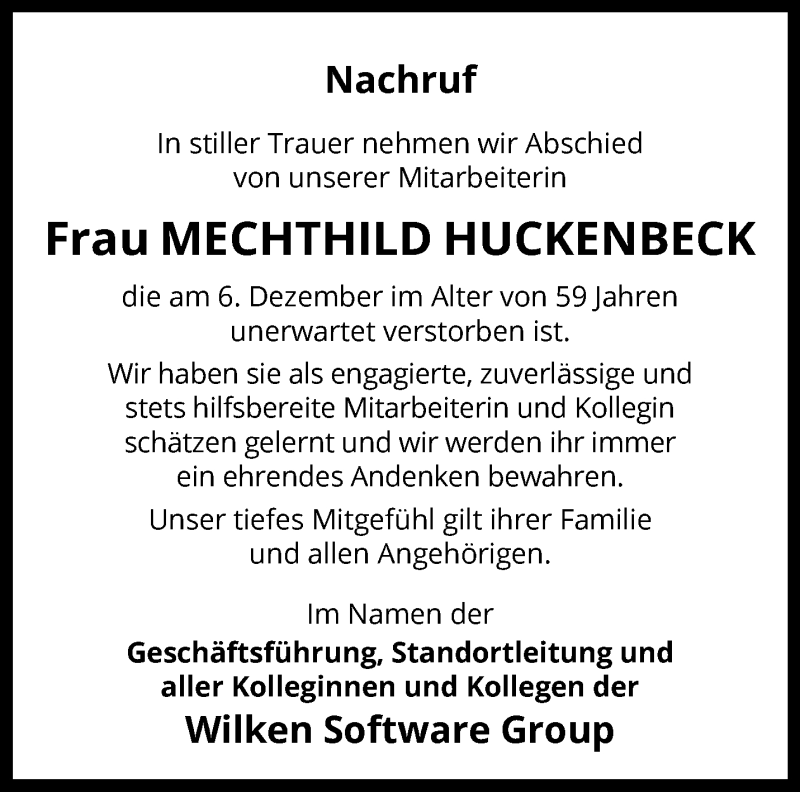  Traueranzeige für Mechthild Huckenbeck vom 11.12.2021 aus 