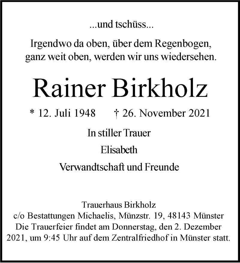  Traueranzeige für Rainer Birkholz vom 01.12.2021 aus 