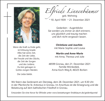 Anzeige von Elfriede Linnenbäumer 