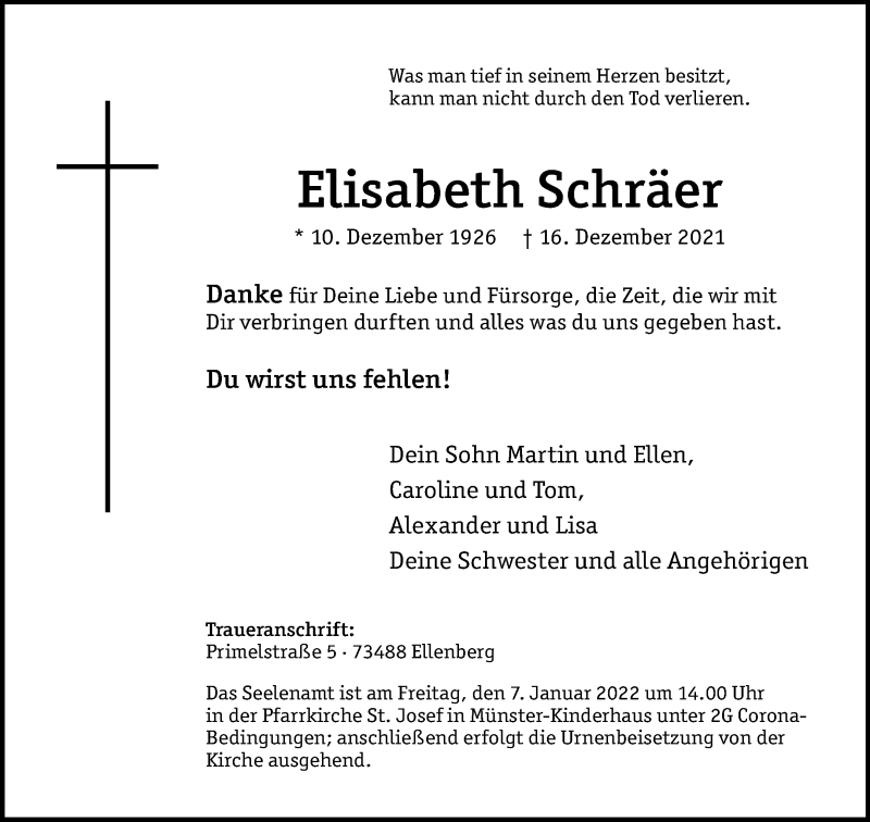  Traueranzeige für Elisabeth Schräer vom 31.12.2021 aus 
