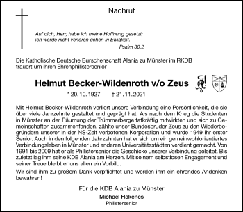 Anzeige von Helmut Becker-Wildenroth 