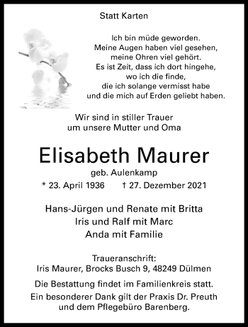 Anzeige von Elisabeth Maurer 